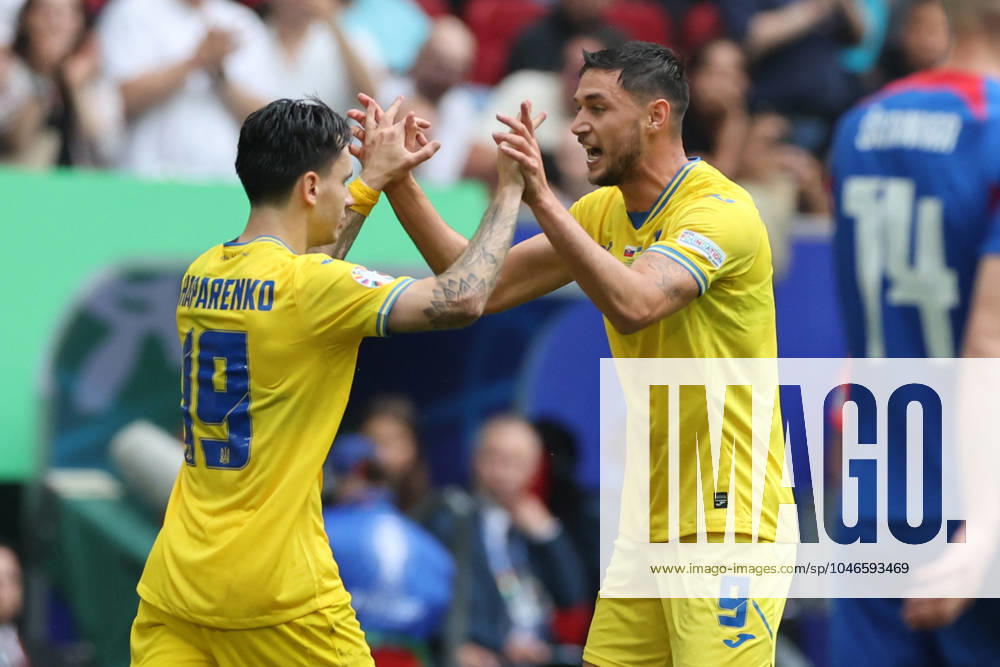 Dusseldorf, Germany 21.06.2024: Roman Yaremchuk of Ukraine score the goal 1-2 and celebrates during the UEFA EURO, EM, Europameisterschaft,Fussball 2024 group stage E football match between Slovakia vs Ukraine at Dusseldorf Arena in Dusseldorf