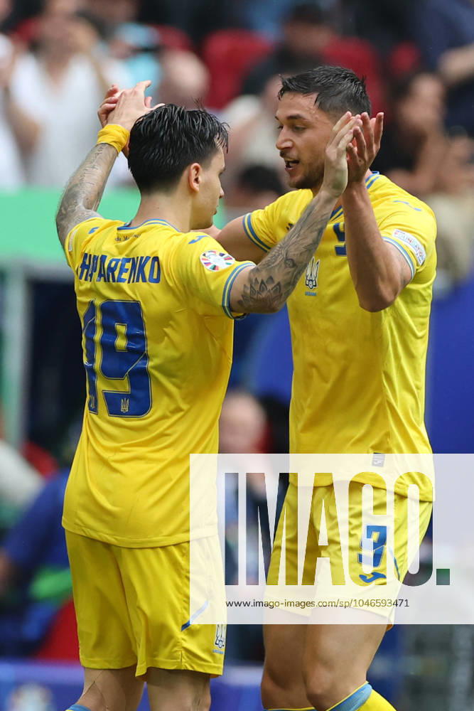 Dusseldorf, Germany 21.06.2024: Roman Yaremchuk of Ukraine score the goal 1-2 and celebrates during the UEFA EURO, EM, Europameisterschaft,Fussball 2024 group stage E football match between Slovakia vs Ukraine at Dusseldorf Arena in Dusseldorf
