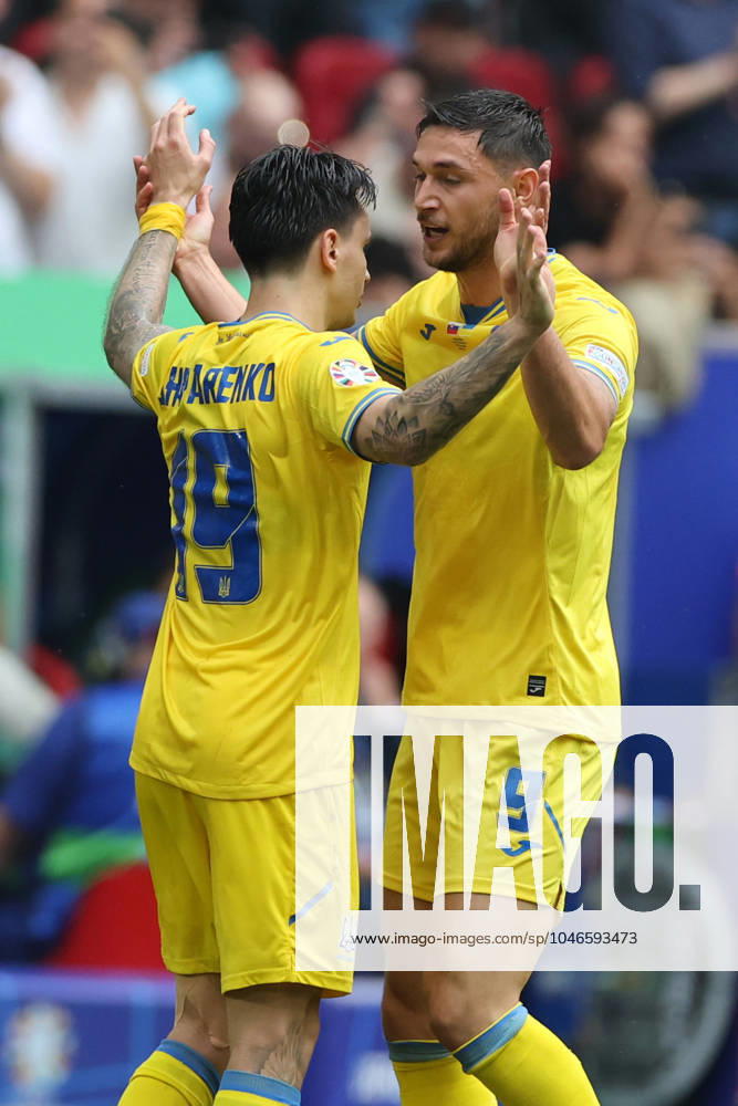 Dusseldorf, Germany 21.06.2024: Roman Yaremchuk of Ukraine score the goal 1-2 and celebrates during the UEFA EURO, EM, Europameisterschaft,Fussball 2024 group stage E football match between Slovakia vs Ukraine at Dusseldorf Arena in Dusseldorf