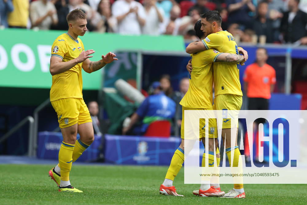 Dusseldorf, Germany 21.06.2024: Roman Yaremchuk of Ukraine score the goal 1-2 and celebrates during the UEFA EURO, EM, Europameisterschaft,Fussball 2024 group stage E football match between Slovakia vs Ukraine at Dusseldorf Arena in Dusseldorf