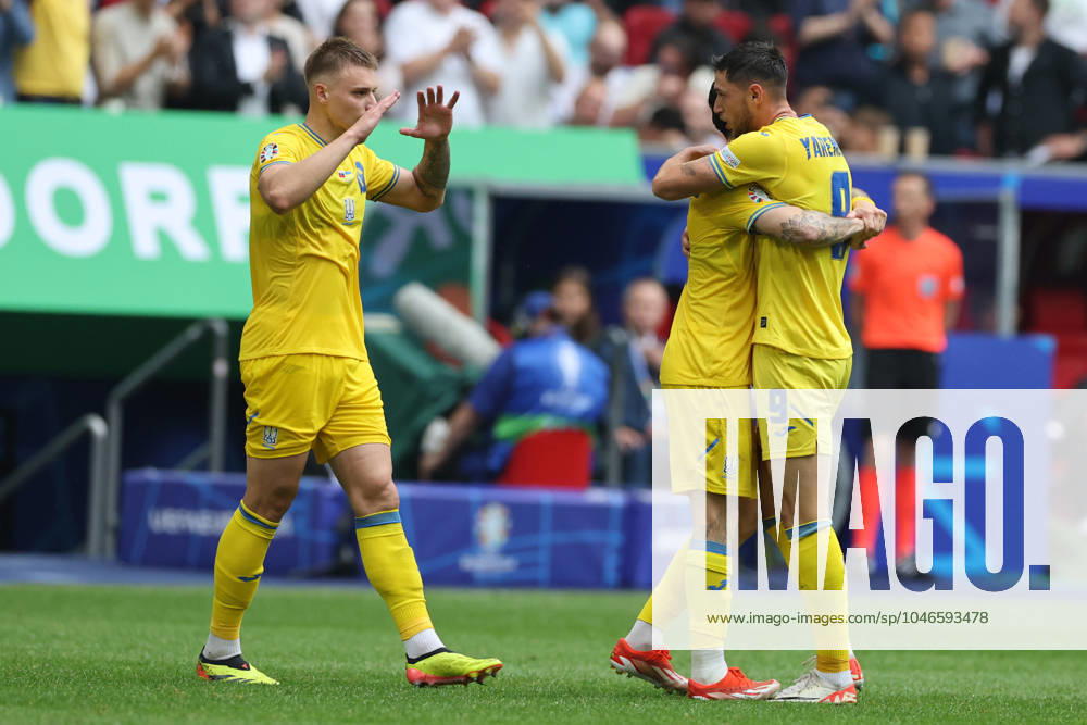 Dusseldorf, Germany 21.06.2024: Roman Yaremchuk of Ukraine score the goal 1-2 and celebrates during the UEFA EURO, EM, Europameisterschaft,Fussball 2024 group stage E football match between Slovakia vs Ukraine at Dusseldorf Arena in Dusseldorf