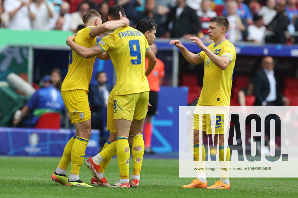 Dusseldorf, Germany 21.06.2024: Roman Yaremchuk of Ukraine score the goal 1-2 and celebrates during the UEFA EURO, EM, Europameisterschaft,Fussball 2024 group stage E football match between Slovakia vs Ukraine at Dusseldorf Arena in Dusseldorf