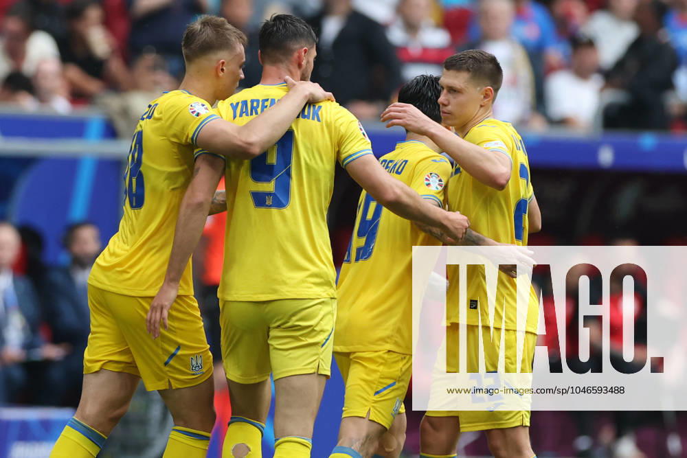 Dusseldorf, Germany 21.06.2024: Roman Yaremchuk of Ukraine score the goal 1-2 and celebrates during the UEFA EURO, EM, Europameisterschaft,Fussball 2024 group stage E football match between Slovakia vs Ukraine at Dusseldorf Arena in Dusseldorf