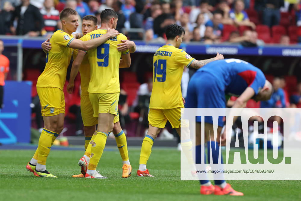 Dusseldorf, Germany 21.06.2024: Roman Yaremchuk of Ukraine score the goal 1-2 and celebrates during the UEFA EURO, EM, Europameisterschaft,Fussball 2024 group stage E football match between Slovakia vs Ukraine at Dusseldorf Arena in Dusseldorf