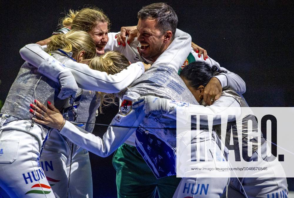 Basel Switzerland, 06 23 2024: The Hungarian team wins the bronze medal during Women s finals, bronze medal in Fencing Euro Basel 2024. Fencing Euro Basel 2024 counts for the European Fencing Championship and also selection for the different European countries for the Paris 2024 Olympic Games, Olympische Spiele, Olympia, OS and took place at St. Jakobshalle in Basel. Score 45-43, Basel Switzerland - ZUMAd206 20240623_zip_d206_047