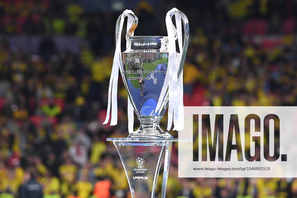Soccer Champions League Final Borussia Dortmund Real Madrid on 01 06 2024 at Wembley Stadium in London The Champions League trophy on a ball pillar Ball stele xRx