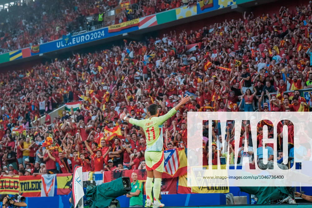 EURO 2024 - Matchday 3, Group B: Albania vs. Spain Ferran Torres scores the opening goal for Spain and celebrates during the EURO 2024 Matchday 3,, Group B match between Albania and Spain on 24 June 2024, at Duesseldorf Arena, in Duesseldorf, Germany Duesseldorf Duesseldorf Arena Germany