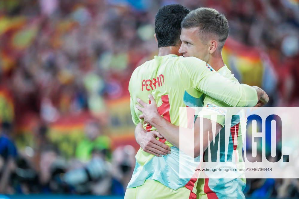 EURO 2024 - Matchday 3, Group B: Albania vs. Spain Ferran Torres scores the opening goal for Spain and celebrates with Dani Olmo during the EURO 2024 Matchday 3,, Group B match between Albania and Spain on 24 June 2024, at Duesseldorf Arena, in Duesseldorf, Germany Duesseldorf Duesseldorf Arena Germany