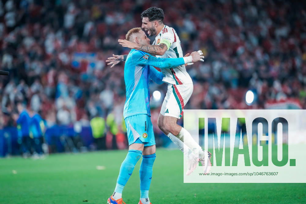 EURO 2024 - Matchday 3, Group A: Scotland vs. Hungary Dominik Szoboszlai and Peter Gulacsi celebrate, as Hungary get 3 important points to still keep them in the race for the next stage of the tournament, after the EURO 2024 Matchday 3, Group A match between Scotland and Hungary on 23 June 2024, at Stuttgart Arena, in Stuttgart, Germany Stuttgart Stuttgart Arena Germany
