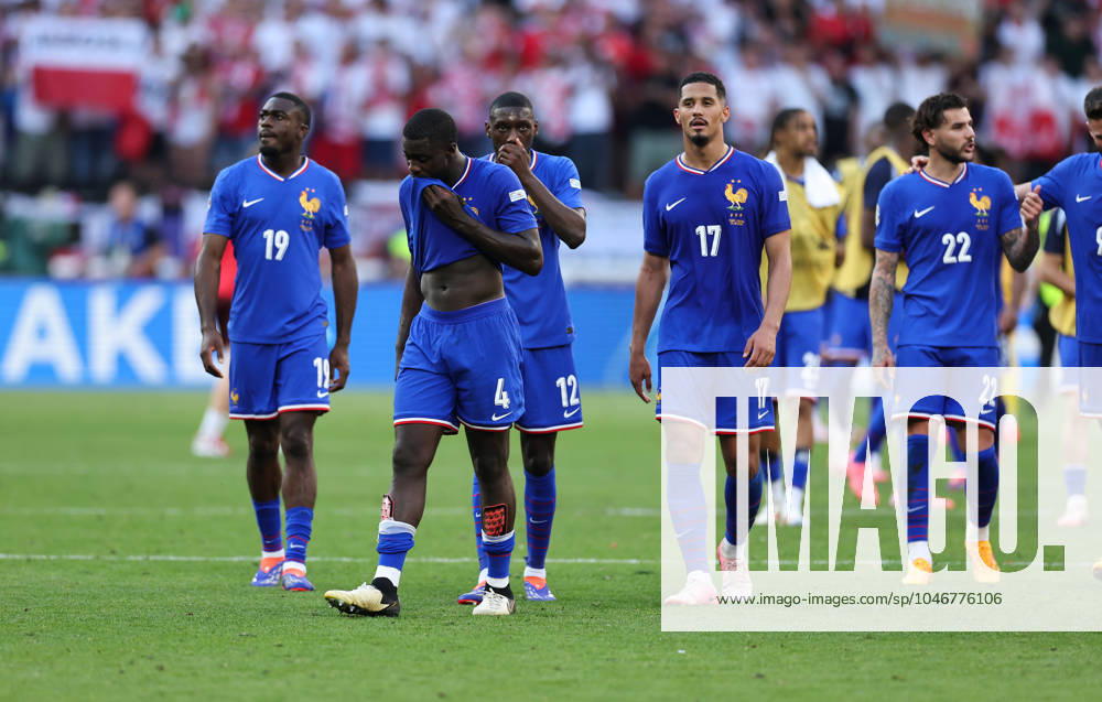 European Football Championship, UEFA EURO 2024, France Poland, Group D, BVB Stadion Dortmund, v l , Youssouf Fofana France , Dayot Upamecano France , Randal Kolo Muani France , William Alain Andre Saliba France disappointed, disappointed looking, dissapointed, sad, frustrated, frustrated, frustrated
