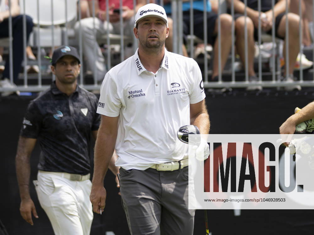 DETROIT, MI - JUNE 29: Taylor Montgomery (USA) reacts after teeming off during the third round of the Rocket Mortgage Classic on June 29, 2024 at Detroit Golf Club in Detroit, Michigan. (Photo by Joseph Weiser Icon Sportswire) GOLF: JUN 29 PGA, Golf Herren Rocket Mortgage Classic Icon2406290343