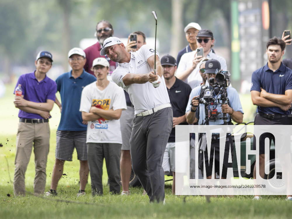 DETROIT, MI - JUNE 29: Taylor Montgomery (USA) hits the ball out of the rough during the third round of the Rocket Mortgage Classic on June 29, 2024 at Detroit Golf Club in Detroit, Michigan. (Photo by Joseph Weiser Icon Sportswire) GOLF: JUN 29 PGA, Golf Herren Rocket Mortgage Classic Icon2406290433