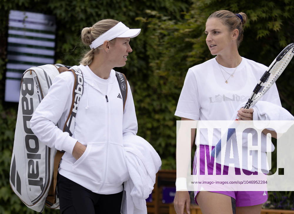 Caroline Wozniacki of Denmark chats with Karolina Pliskova Wimbledon Tennis Championships, Practice and Previews, The All England Lawn Tennis and Croquet Club, London, UK - 30 Jun 2024
