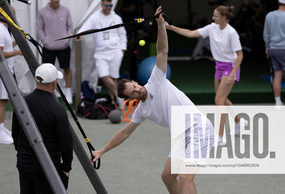Andy Murray of GBR stretches during warm up Wimbledon Tennis Championships, Practice and Previews, The All England Lawn Tennis and Croquet Club, London, UK - 30 Jun 2024