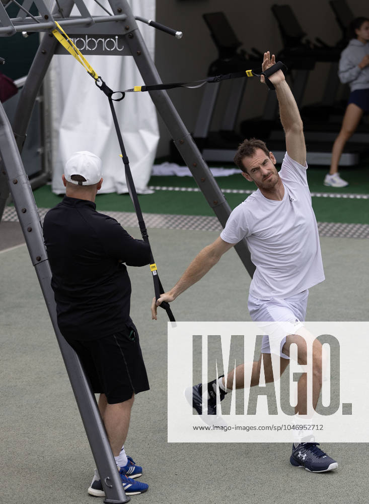 KW26 Andy Murray of GBR stretches during warm up Wimbledon Tennis Championships, Practice and Previews, The All England Lawn Tennis and Croquet Club, London, UK - 30 Jun 2024