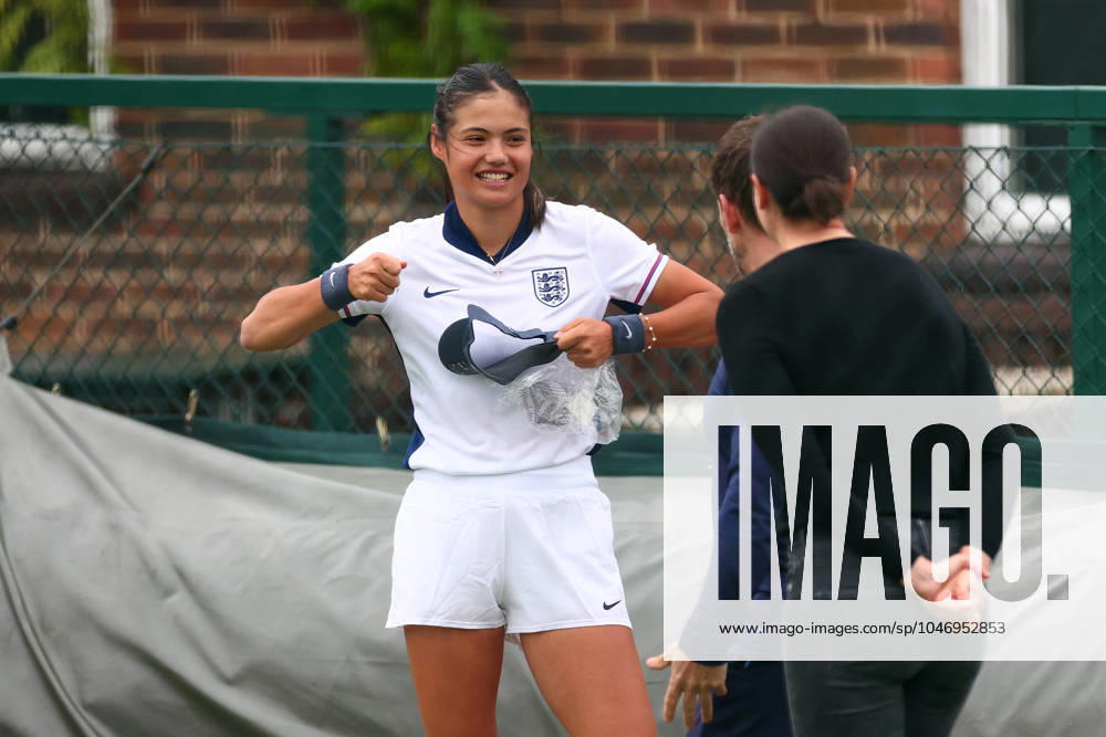KW26 30th June 2024; All England Lawn Tennis and Croquet Club, London, England; Wimbledon Tennis Tournament, Practice Day; Emma Raducanu wears an England football shirt during her practice session ActionPlus12661926 ShaunxBrooks