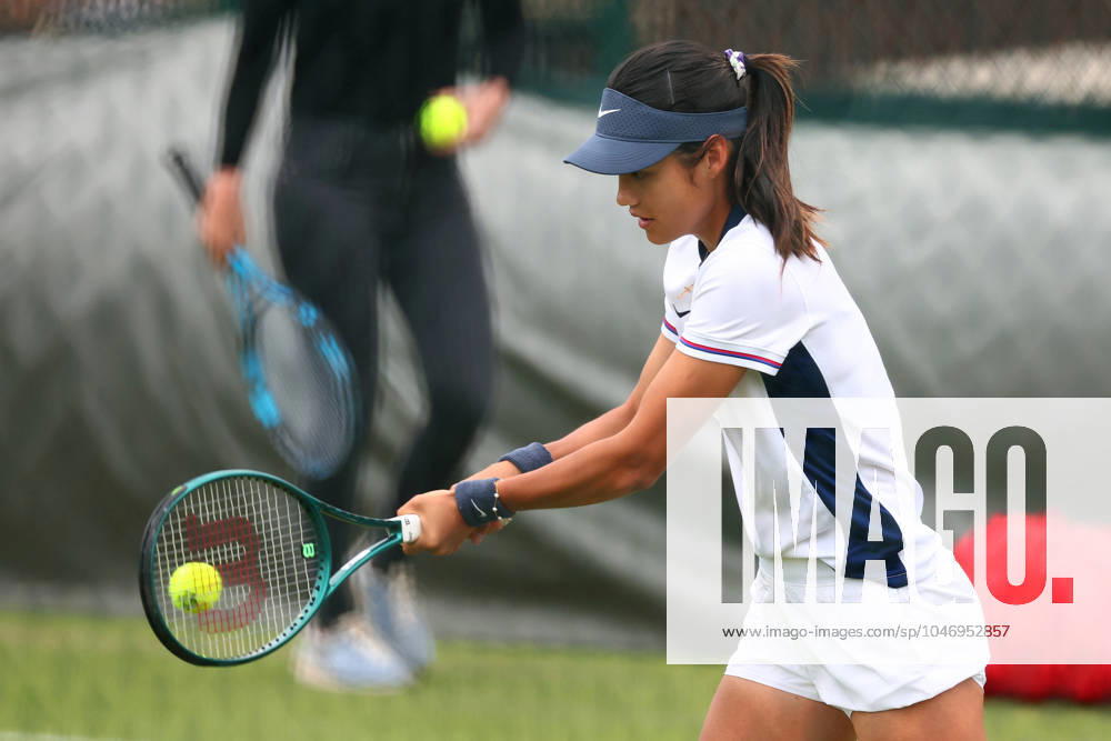 30th June 2024; All England Lawn Tennis and Croquet Club, London, England; Wimbledon Tennis Tournament, Practice Day; Emma Raducanu wears an England football shirt during her practice session ActionPlus12661930 ShaunxBrooks