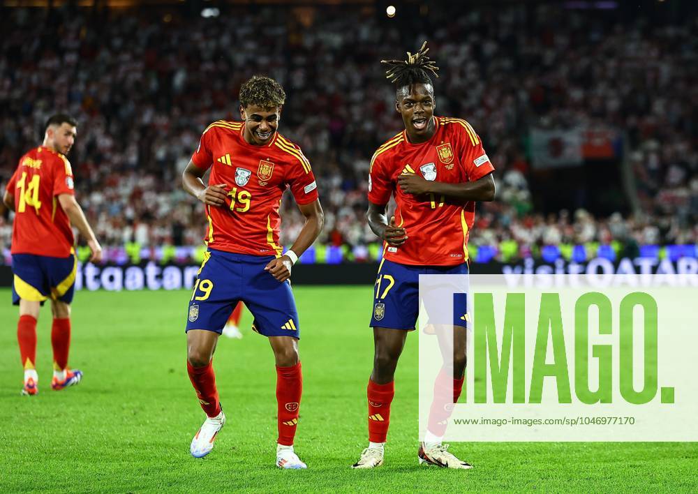 Nico Williams of Spain celebrates scoring to make it 3-1 with Lamine Yamal of Spain Spain v Georgia, UEFA European Championship, EM, Europameisterschaft 2024, Round of 16, Football, Cologne Stadium, Cologne, Germany - 30 Jun 2024