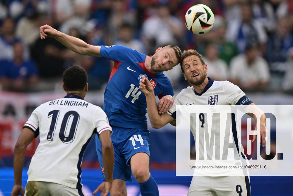 Milan Skriniar of Slovakia and Harry Kane of England battle for the ball during the UEFA EURO, EM, Europameisterschaft,Fussball 2024 round of 16 match between England and Slovakia at Arena AufSchalke on June 30, 2024 in Gelsenkirchen, G England v Slovakia: Round of 16 - UEFA EURO 2024