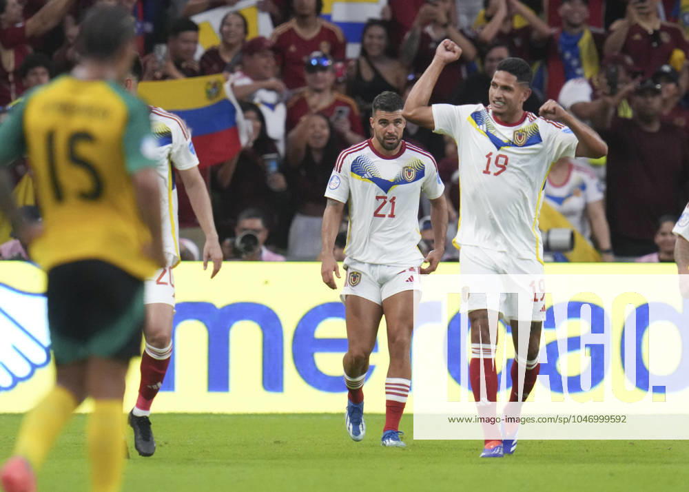 ERIC RAMIREZ (19) and teammate ALEXANDER GONZALEZ (21) of Venezuela celebrate Ramirez goal during second half action in the Group B final stage match of the CONCACAF Copa America 2024 at Austin s Q2 Stadium. Venezuela advanced from group play while eliminating Jamaica, 3-0. Austin USA - ZUMAd150 20240630_znp_d150_006