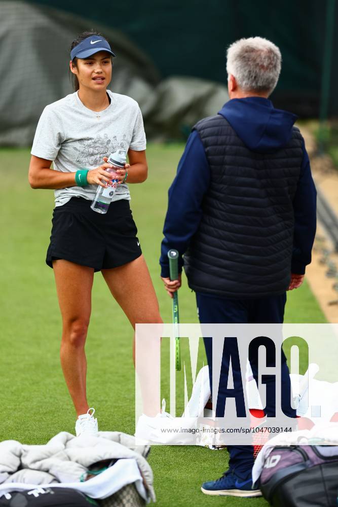 Emma Raducanu has a chat during practice Wimbledon Tennis Championships, Day 2, The All England Lawn Tennis and Croquet Club, London, UK - 02 Jul 2024