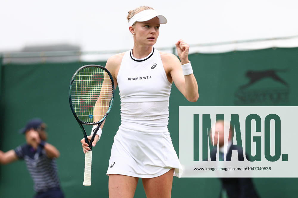 2nd July 2024; All England Lawn Tennis and Croquet Club, London, England; Wimbledon Tennis Tournament, Day 2; Harriet Dart (GBR) celebrates after she wins the first set against Zhuoxuan Bai (CHN) ActionPlus12662567 ShaunxBrooks