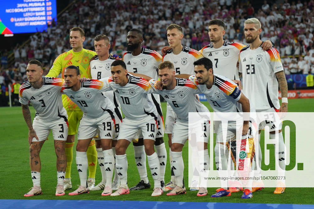 National team, Football, UEFA Euro2024, Euro 2024, Dortmund, Germany Denmark Back row from left Manuel Neuer, Toni Kroos, Antonio Rüdiger,nico schlotterbeck, Kai Havertz, Robert Andrich Front row from left David Raum, Leroy Sane, Jamal Musiala, Joshua Kimmich, Ilkay Gündogan all Germany, Tim foto,