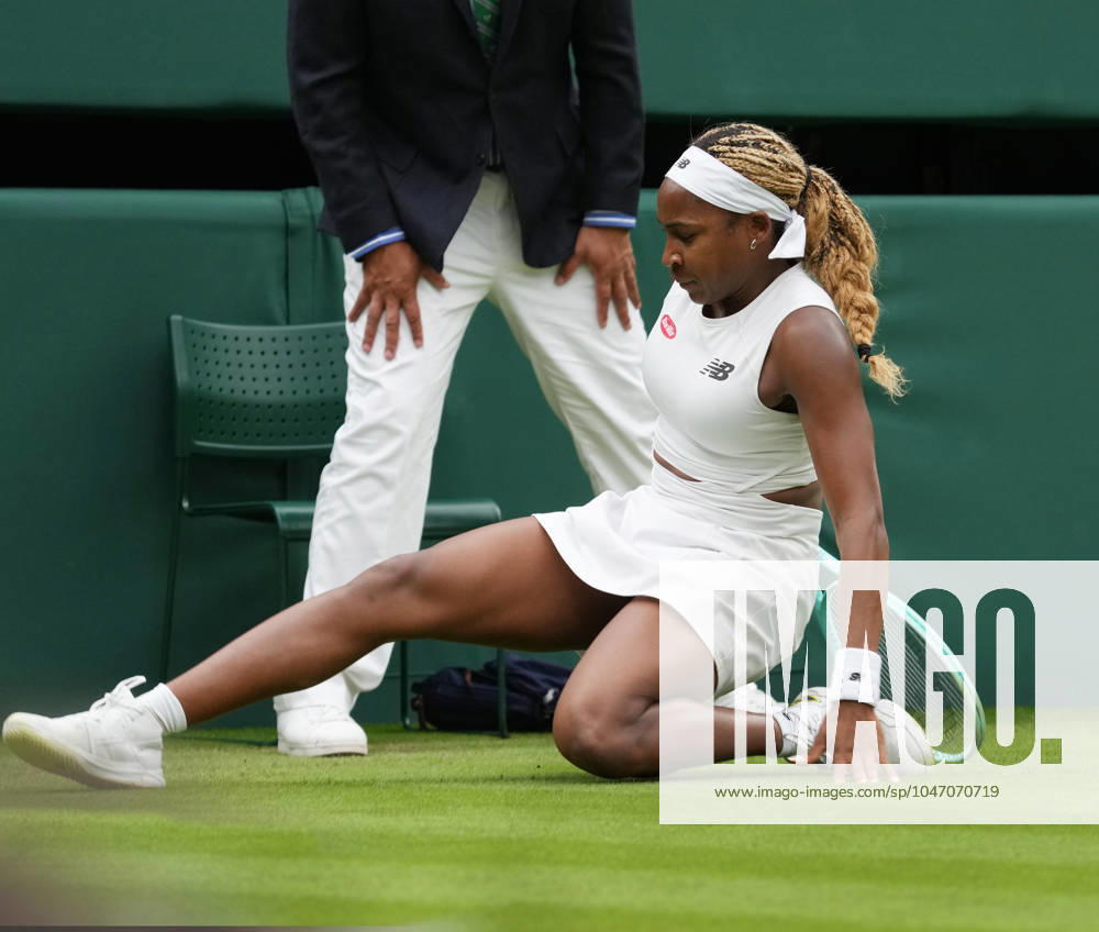 Lawn Tennis - 2024 Wimbledon Championship - Anca Todoni (ROU) v Coco Gauff (USA) - All England Lawn Tennis & Croquet Club - Wednesday 3rd July 2024 Coco Gauff (USA) slips on the grass