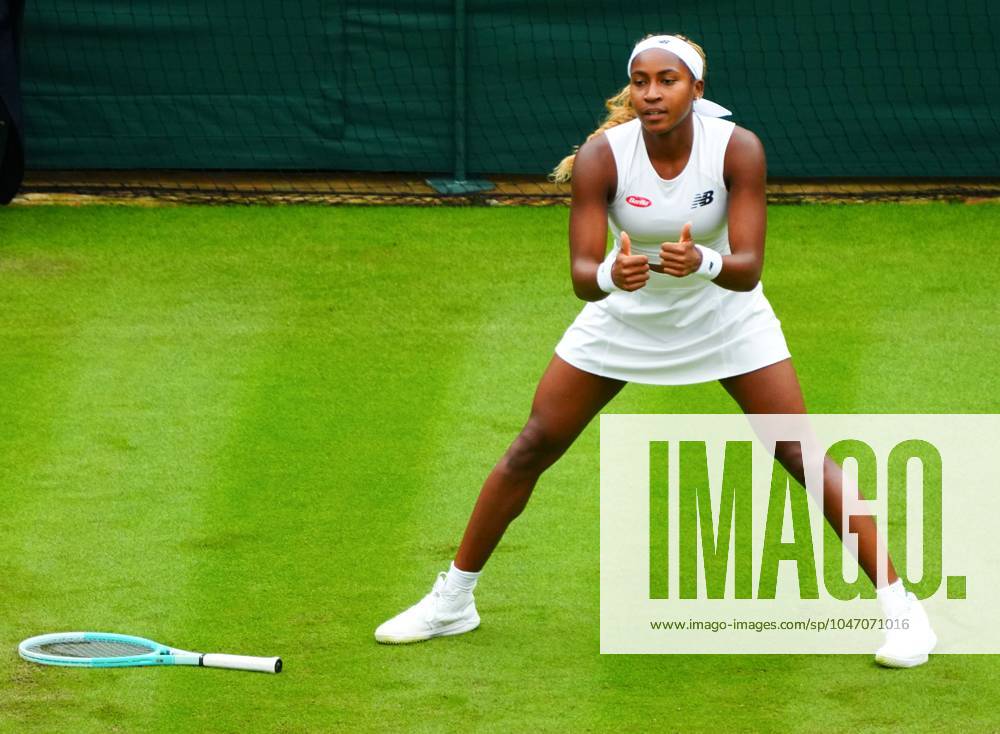 Coco Gauff gives the thumbs-up after losing her footing during her second round match Wimbledon Tennis Championships, Day 3, The All England Lawn Tennis and Croquet Club, London, UK - 03 Jul 2024