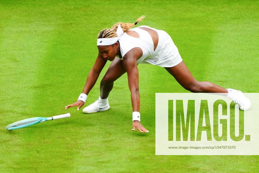 Coco Gauff loses her footing during her second round match Wimbledon Tennis Championships, Day 3, The All England Lawn Tennis and Croquet Club, London, UK - 03 Jul 2024