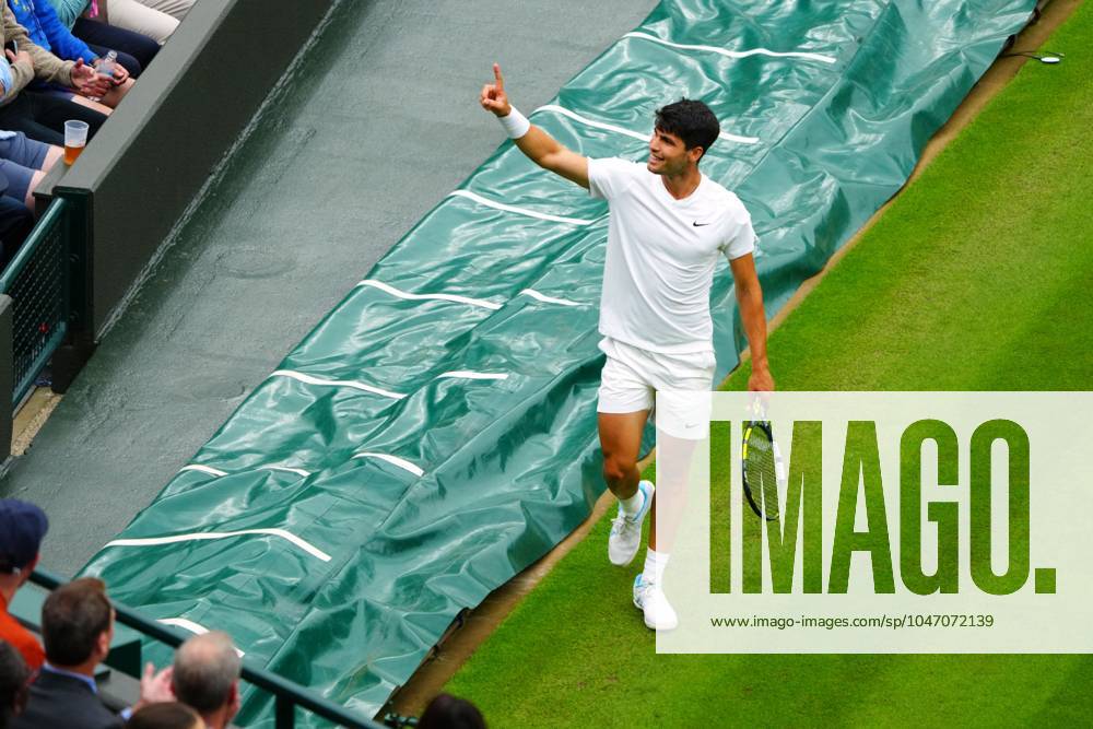 Carlos Alcaraz celebrates a winner during his second round match Wimbledon Tennis Championships, Day 3, The All England Lawn Tennis and Croquet Club, London, UK - 03 Jul 2024