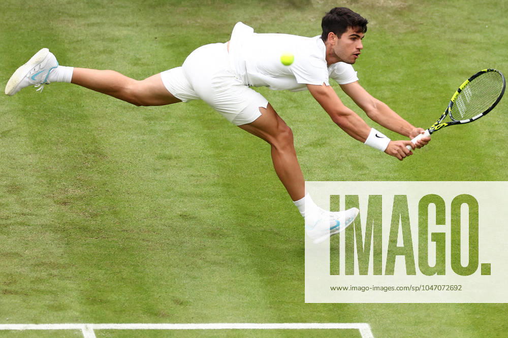 3rd July 2024; All England Lawn Tennis and Croquet Club, London, England; Wimbledon Tennis Tournament, Day 3; Carlos Alcaraz (ESP) in action during his second round match against Aleksander Vukic (AUS) ActionPlus12663235 ShaunxBrooks