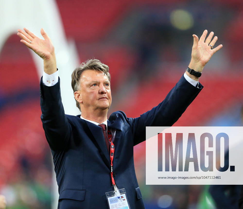 Soccer 2016: European Soccer May 21, 2016 - London, United Kingdom - Manchester United, ManU s Louis Van Gaal waves good bye to the fans during the Emirates FA Cup Final match at Wembley Stadium. Photo credit should read: David Klein Sportimage London United Kingdom