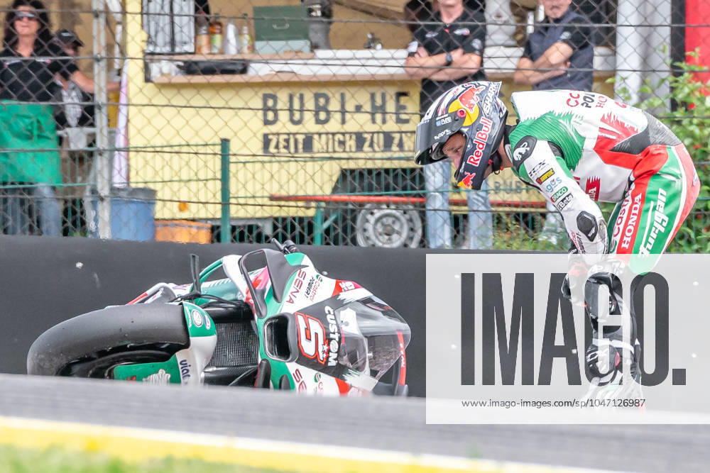 Hohenstein, Germany 05 07 July 2024 MotoGP Sachsenring Germany 2024 In the picture Johann Zarco FRA inspects his bike after the crash
