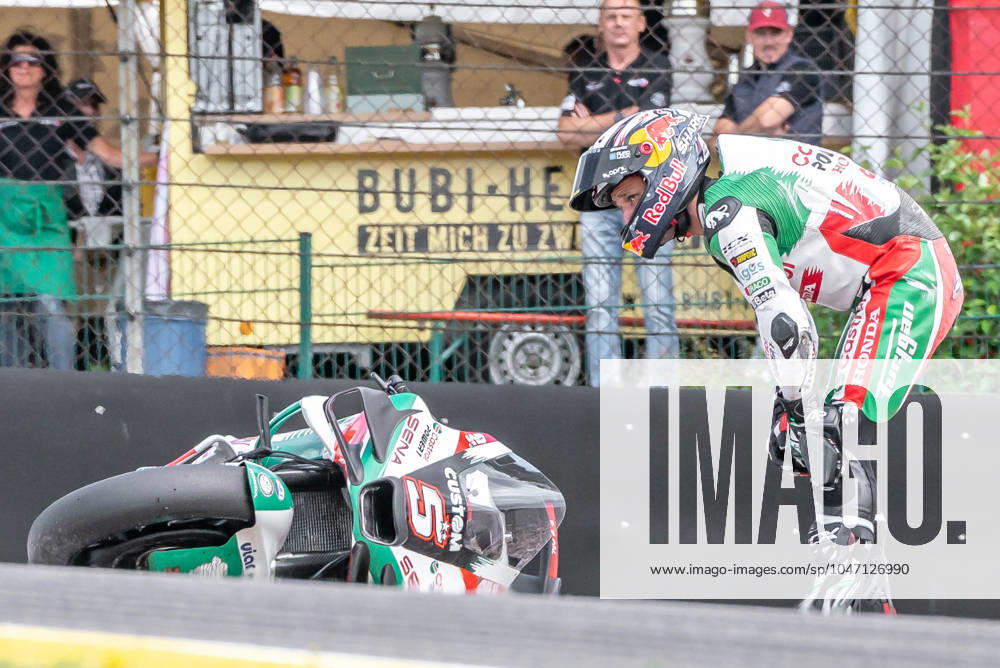 Hohenstein, Germany 05 07 July 2024 MotoGP Sachsenring Germany 2024 In the picture Johann Zarco FRA inspects his bike after the crash