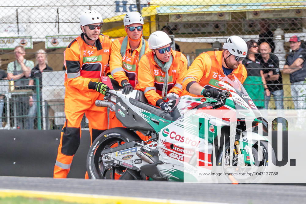Hohenstein, Germany 05 07 July 2024 MotoGP Sachsenring Germany 2024 In the picture marshals recover the motorcycle of Johann Zarco FRA