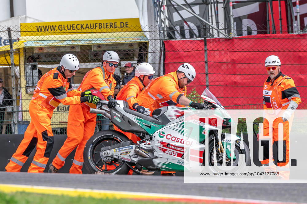 Hohenstein, Germany 05 07 July 2024 MotoGP Sachsenring Germany 2024 In the picture marshals recover the motorcycle of Johann Zarco FRA
