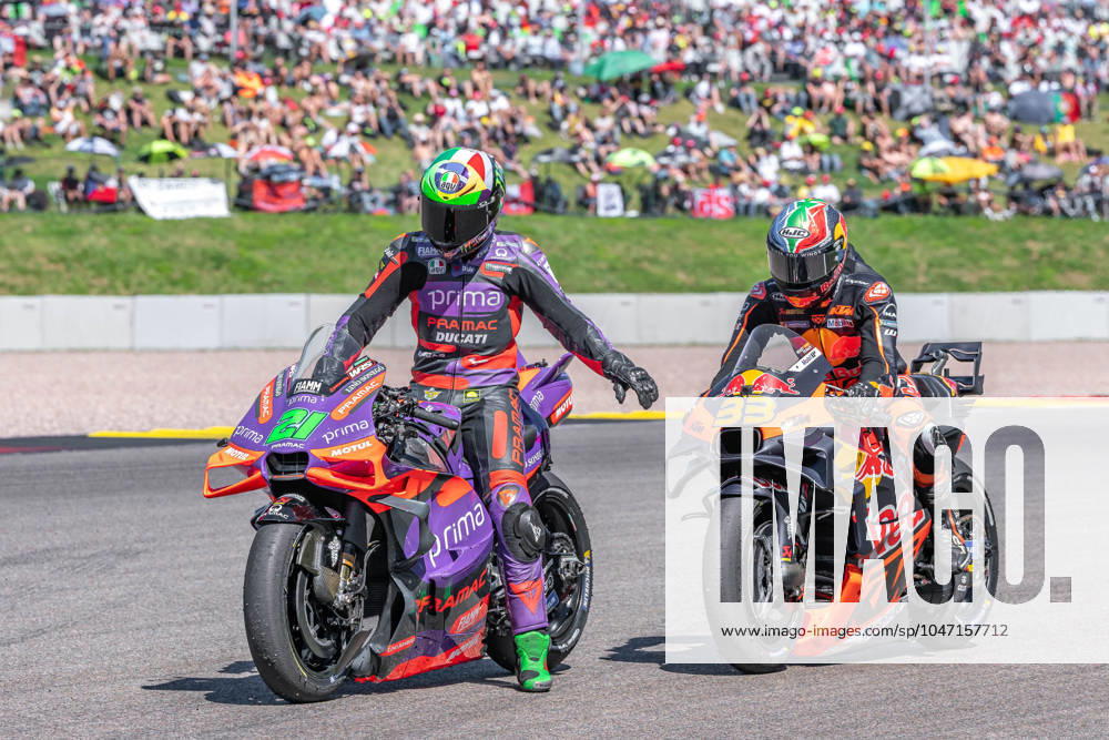 Hohenstein, Germany 05 07 July 2024 MotoGP Sachsenring Germany 2024 In the picture Franco Morbidelli ITA and Brad Binder RSA at a start rehearsal in front of fans, spectators