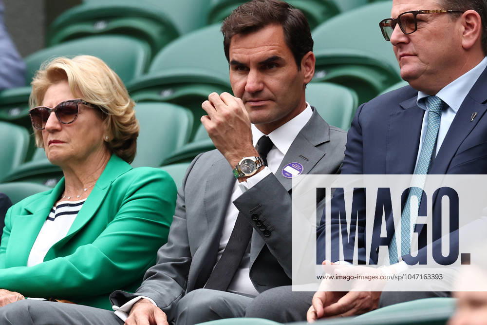 6th July 2024; All England Lawn Tennis and Croquet Club, London, England; Wimbledon Tennis Tournament, Day 6; Rodger Federer wearing a Rolex watch while watching Ben Shelton (USA) versus Denis Shapovalov (CAN) with his Mother and Father ActionPlus12664821 ShaunxBrooks Content restricted for UK based newspaper