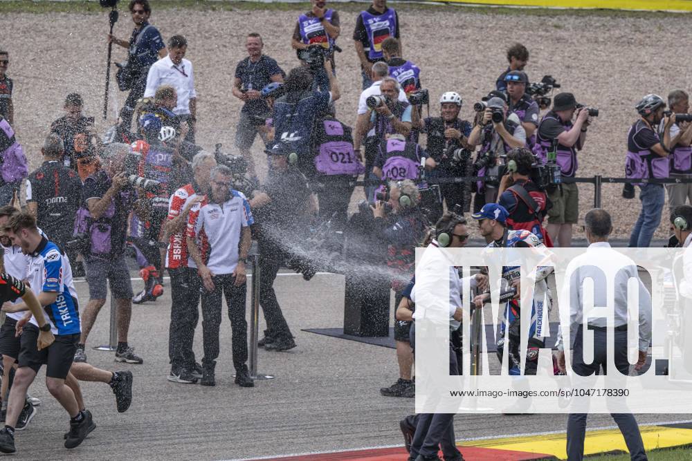 OLIVEIRA Miguel (prt), Trackhouse Racing, Aprilia RS-GP 2024, portrait, celebrating his second place in Sprint Race during the 2024 MotoGP Liquid Molly Motorrad Grand Prix Deutschland, German GP, on the Sachsenring circuit, from July 5 to 7th, in Hohenstein-Ernstthan Germany - MOTO - MOTO GP - GERMANY GRAND PRIX 2024 DPPI Panoramic _GG91858
