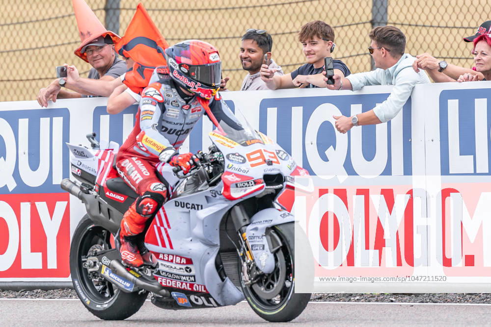Hohenstein, Germany 05 07 July 2024 MotoGP Sachsenring Germany 2024 In the picture Marc Marquez SPA with flag flag and fans