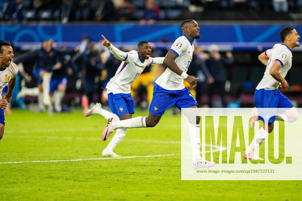 Portugal v France, UEFA EURO, EM, Europameisterschaft,Fussball 2024, Hamburg, Germany Hamburg, Germany. 05th, July 2024. Marcus Thuram (15) of France seen in celebration after winning the penalty shoot out of the UEFA Euro 2024 quarter final match between Portugal and France at Volksparkstadion in Hamburg. Hamburg Germany