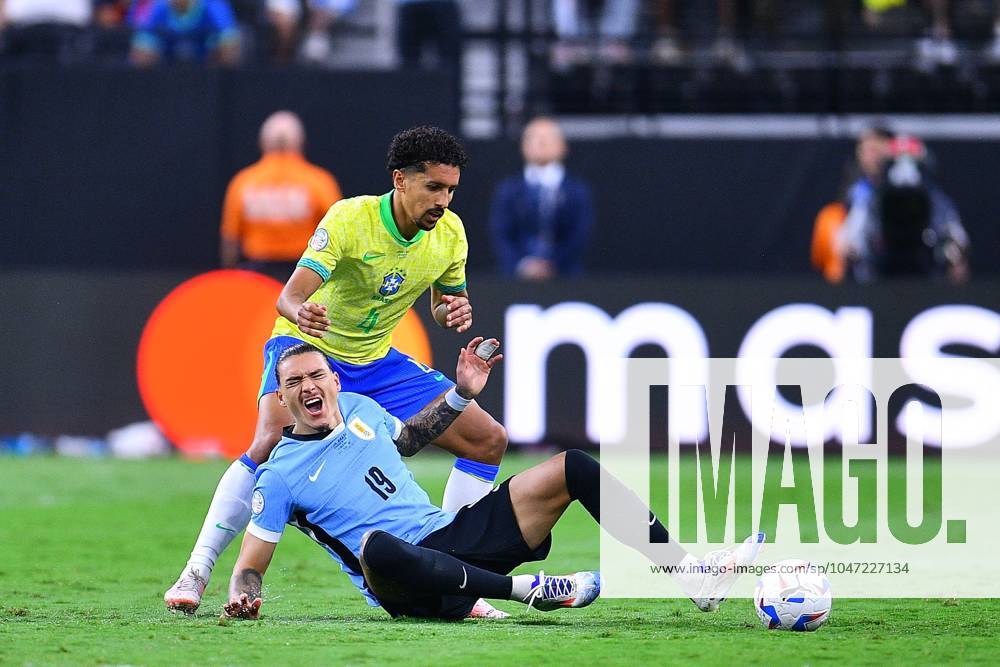 Copa America USA 2024 Uruguay (4p) 0-0 (2p) Brazil - Quarter-final Marquinhos (L) of Brazil fights for the ball with Darwin Nunez (R) of Uruguay during the CONMEBOL Copa America 2024 Quarter-final match between Uruguay and Brazil, at Allegiant Stadium, on July 06, 2024 in Las Vegas, Nevada, United States. LAS VEGAS NEVADA UNITED STATES