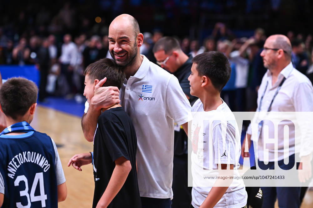 Croatia v Greece - FIBA Olympic Qualifying Tournament 2024 Final Head Coach Vassilis Spanoulis of Greece is celebrating the ticket to the Olympic Games, Olympische Spiele, Olympia, OS of Paris 2024 during the FIBA Olympic Qualifying Tournament 2024 Final match between Croatia and Greece at Peace & Friendship Stadium on July 7, 2024, in Piraeus, Greece. Piraeus Greece
