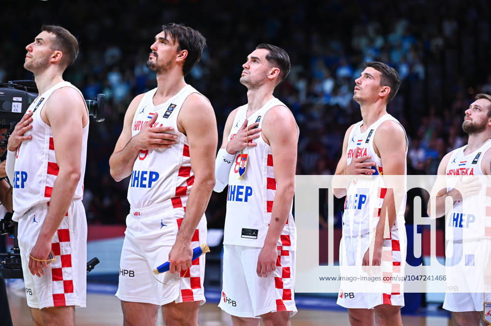 Croatia v Greece - FIBA Olympic Qualifying Tournament 2024 Final The players of Croatia are standing before the FIBA Olympic Qualifying Tournament 2024 Final match between Croatia and Greece at Peace & Friendship Stadium on July 7, 2024, in Piraeus, Greece. Piraeus Greece