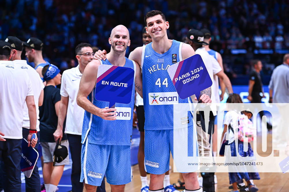 Croatia v Greece - FIBA Olympic Qualifying Tournament 2024 Final 44 Dinos Mitoglou and 8 Nick Calathes are celebrating the ticket to the Olympic Games, Olympische Spiele, Olympia, OS of Paris 2024 during the FIBA Olympic Qualifying Tournament 2024 Final match between Croatia and Greece at Peace & Friendship Stadium on July 7, 2024, in Piraeus, Greece. Piraeus Greece