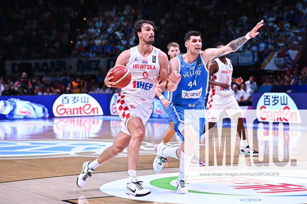 Croatia v Greece - FIBA Olympic Qualifying Tournament 2024 Final Dario Saric of Croatia is competing with Dinos Mitoglou of Greece during the FIBA Olympic Qualifying Tournament 2024 Final match between Croatia and Greece at Peace & Friendship Stadium on July 7, 2024, in Piraeus, Greece. Piraeus Greece