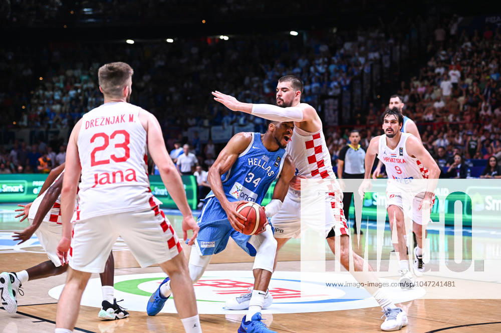 Croatia v Greece - FIBA Olympic Qualifying Tournament 2024 Final Giannis Antetokounmpo of Greece is competing with Ivica Zubac of Croatia during the FIBA Olympic Qualifying Tournament 2024 Final match between Croatia and Greece at Peace & Friendship Stadium on July 7, 2024, in Piraeus, Greece. Piraeus Greece