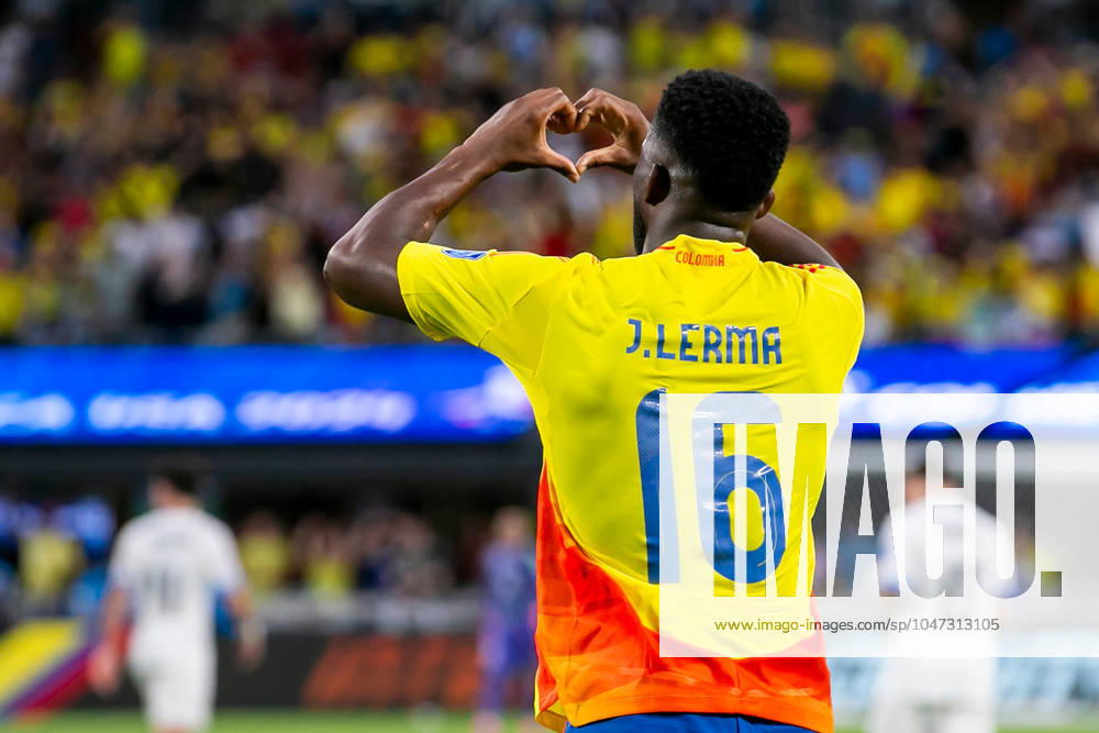 CHARLOTTE, NC - JULY 10: Colombia midfielder Jefferson Lerma (16) makes a heart hands gesture after scoring a goal during the CONMEBOL Copa America semifinal between Uruguay and Colombia on Wednesday July 10, 2024 at Bank of America Stadium in Charlotte, NC. (Photo by Nick Tre. Smith Icon Sportswire) SOCCER: JUL 10 CONMEBOL Copa America - Semifinals - Uruguay vs Colombia Icon2407100059