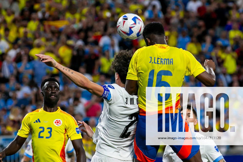 CHARLOTTE, NC - JULY 10: Colombia midfielder Jefferson Lerma (16) heads the ball for a goal during the CONMEBOL Copa America semifinal between Uruguay and Colombia on Wednesday July 10, 2024 at Bank of America Stadium in Charlotte, NC. (Photo by Nick Tre. Smith Icon Sportswire) SOCCER: JUL 10 CONMEBOL Copa America - Semifinals - Uruguay vs Colombia Icon2407100053